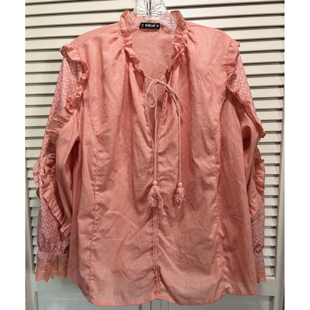 Sheilay Peach Crochet Long Balloon Sleeve Tie/Ruffle Neck Blouse Size M Boho